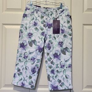 White Denim Capri Jeans "Hint Of Mint" Floral Abstract GV Amanda Size 10 NWT